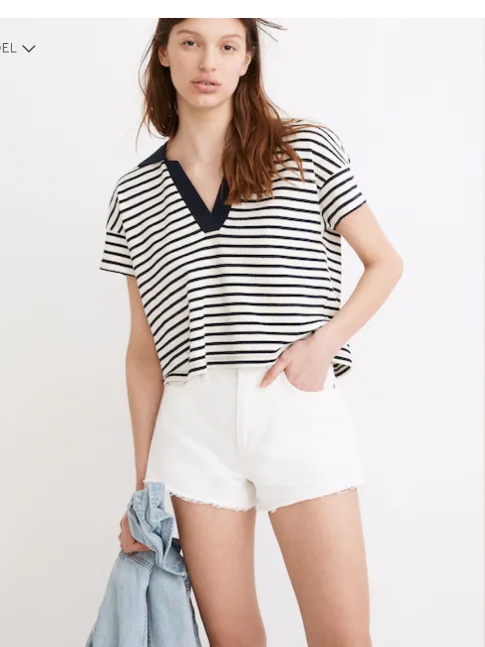 MADEWELL WOMEN'S NAVY WHITE STRIPED TEXTURE-RIB CROPPED POLO TEE TOP Sz XS
